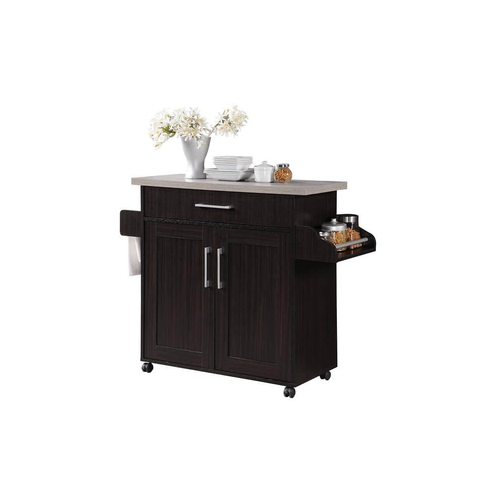 HODEDAH Chocolate-Grey Kitchen Island with Spice Rack and Towel