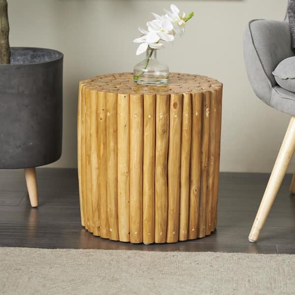 Litton Lane 14 in. Brown Handmade Live Edge Medium Cylinder Wood End Accent Table with Brick Inspired Design