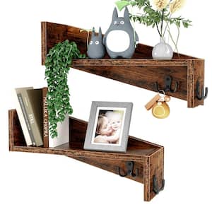 13.98 in. W x 6.18 in. D x 3.94 in. H Rustic Wood Decorative Wall Shelf with Coat Hooks, Set of 2