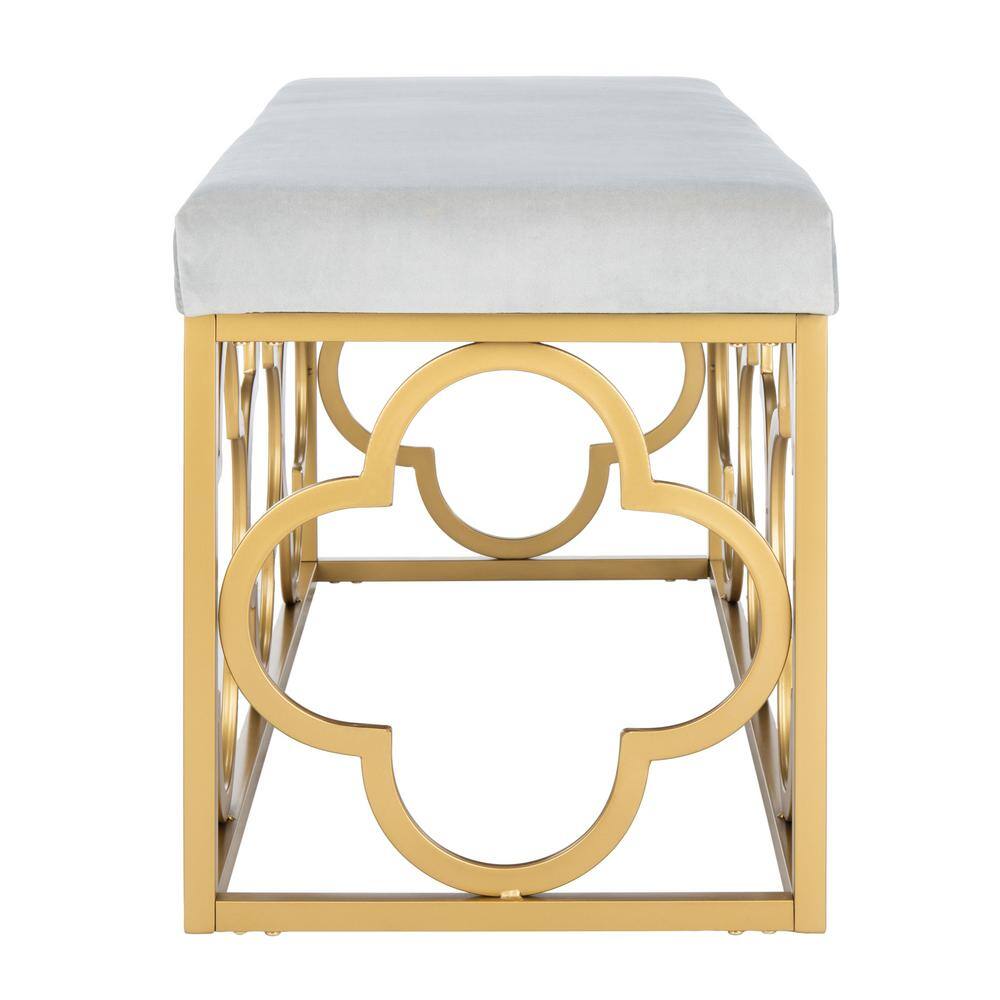 Elegant Fleur Quatrefoil Bench in Gray Velvet and Gold Finish
