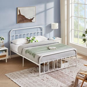 Victorian Bed Frame White, Heavy Duty Metal Bed Frame, Full Size Platform Bed with Headboard, No Box Spring Needed