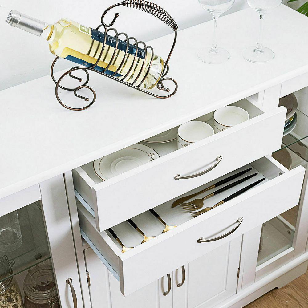 White Buffet Storage Cabinet with Glass Doors and Drawers