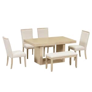 Natural 6-Piece Wood Top Extendable Dining Set with 18 in. Removable Leaf, Bench, 4-Upholstered Dining Chairs