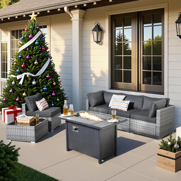 Helene Gray 6-Piece Wicker Outdoor Fire Pit Furniture Set Patio Conversation Sofa Set with Black Cushions