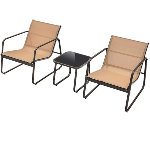 ANGELES HOME 3-Piece Metal Patio Conversation with Breathable Fabric and Tabletop