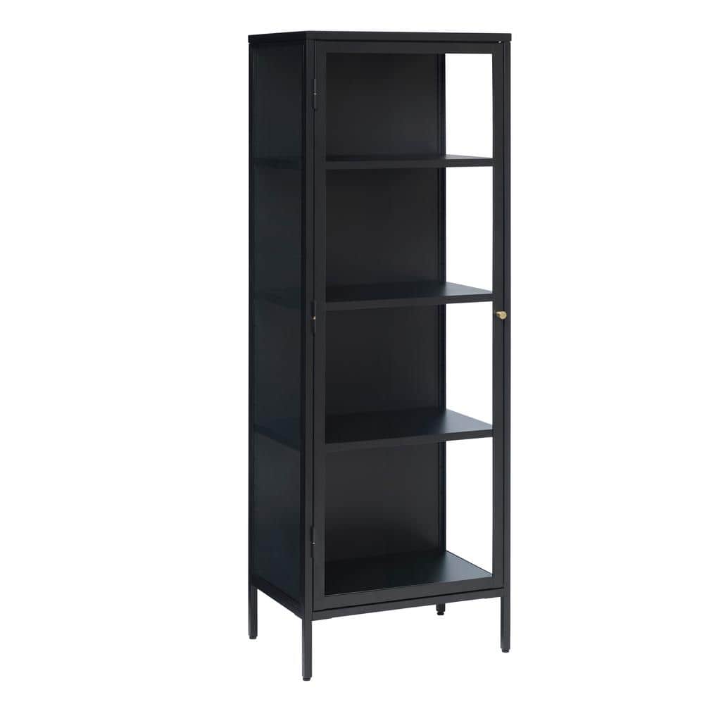 63-Inch Black Metal and Glass Display Cabinet with Brass Knobs