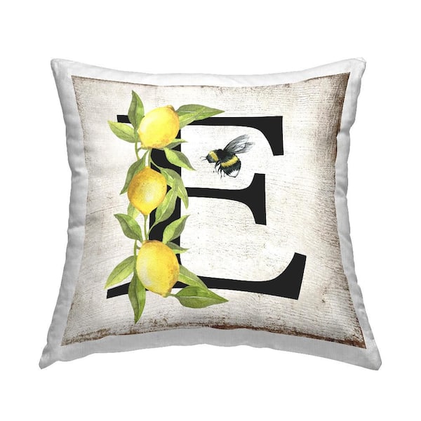 Stupell Industries Lemon and Bee E Letter Yellow Print Polyester 18 in. x 18 in. Throw Pillow