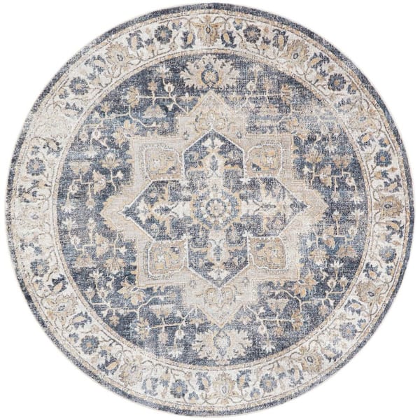 Astra Machine Washable Grey Blue 8 ft. Round x 8 ft. Distressed Traditional Round Area Rug