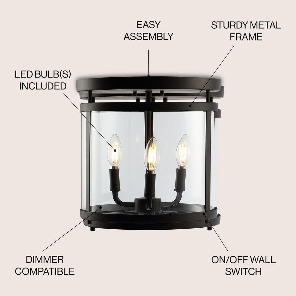 Ciel Simple Farmhouse 12.5" 3-Light Black Iron Glass Flush Mount