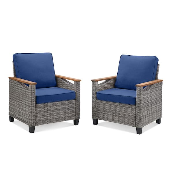 2-Piece Wicker Patio Conversation Set Lounge Chairs with Blue Cushions, Wooden Handrail, Suitable for Indoor and Outdoor