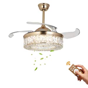 42 in. Indoor Gold Modern Crystal Retractable Ceiling Fan Light with 3-Color Integrated LED, Reversible Motor and Remote
