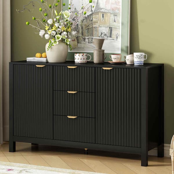 Black Wood 47.2 in. Sideboards with Wave Design - 3-Adjustable Shelves, 3-Drawers and Soft-Close Doors
