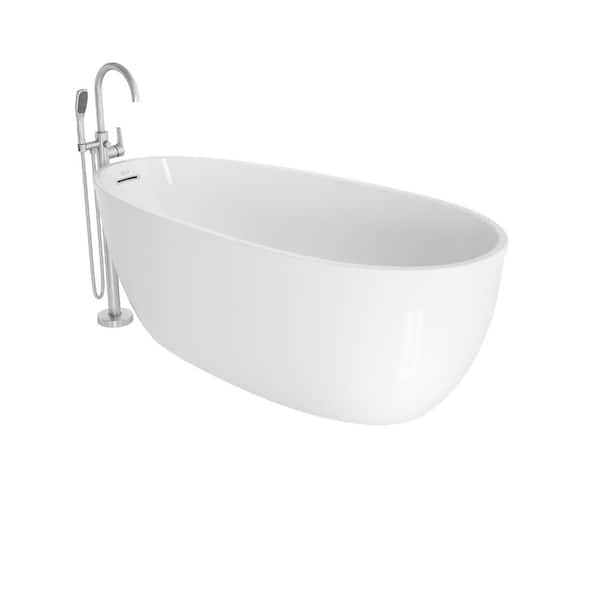 JACUZZI Stretto 59.2 in. x 29.7 in. Soaking Bathtub with Universal Drain in White with Round Tub Filler in Brushed Nickel