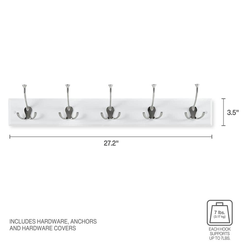 White Wall Mounted Coat Rack with 5 Silver Metal Hooks