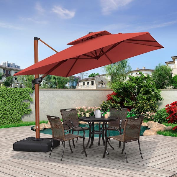PURPLE LEAF 10 ft. Square High-Quality Wood Pattern Aluminum Cantilever Polyester Patio Umbrella with Stand, Brick Red
