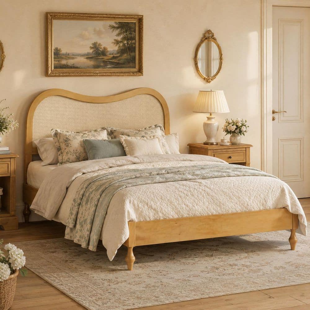 Natural (Yellow) Wood Frame Queen Rattan Platform Bed with Exquisitely Crafted Solid Wood Legs, Curved Headboard