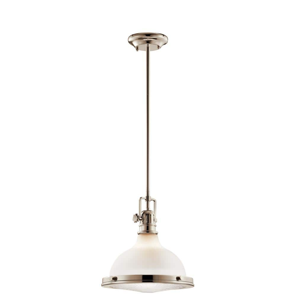 Hatteras Bay 11 in. 1-Light Polished Nickel Vintage Industrial Shaded Kitchen Pendant Hanging Light with Etched Glass -  KICHLER, 43765PN