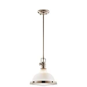 Hatteras Bay 11 in. 1-Light Polished Nickel Vintage Industrial Shaded Kitchen Pendant Hanging Light with Etched Glass