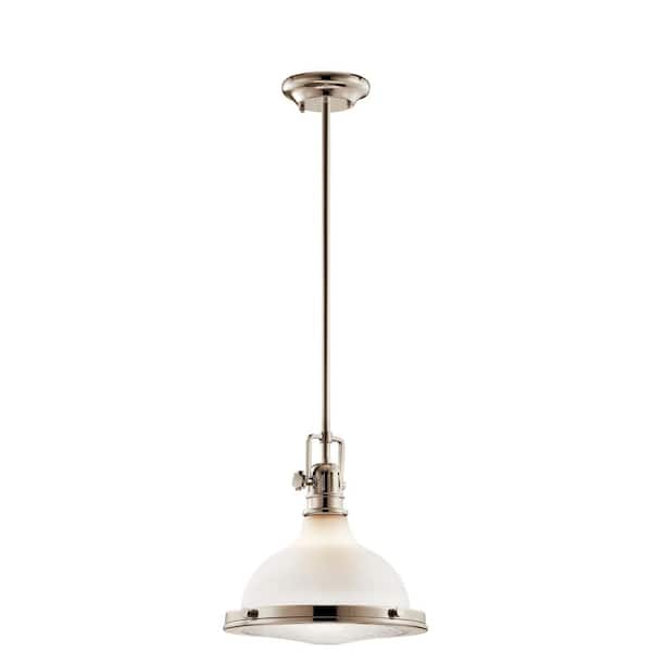 KICHLER Hatteras Bay 11 in. 1-Light Polished Nickel Vintage Industrial Shaded Kitchen Pendant Hanging Light with Etched Glass