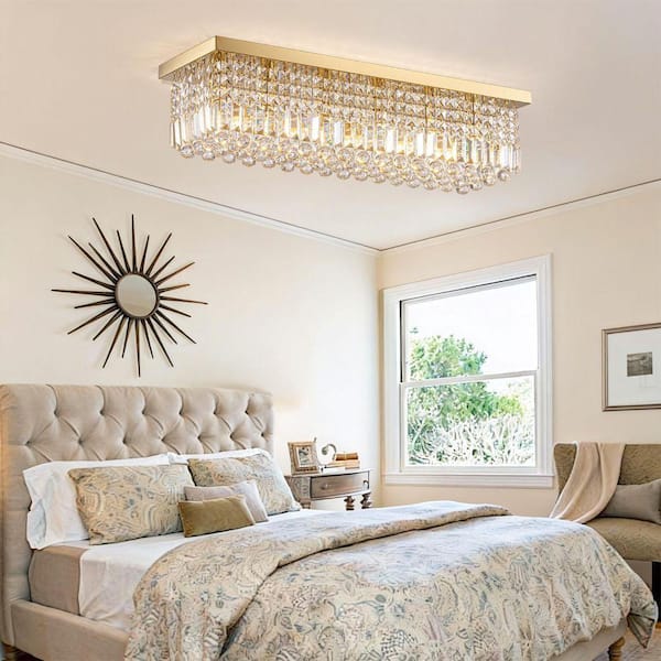 LuminFan 31.5 in. 6-Light Gold Crystal Rectangular Chandelier for