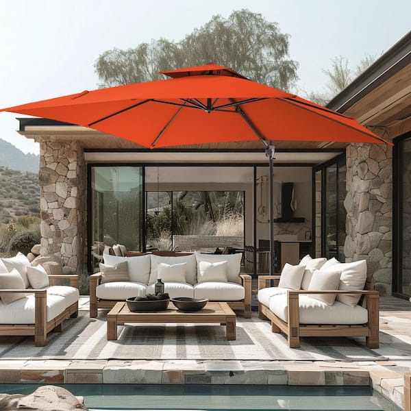 10 ft. x 10 ft. Square Two-Tier Top Rotation Outdoor Cantilever Patio Umbrella with Cover in Orange