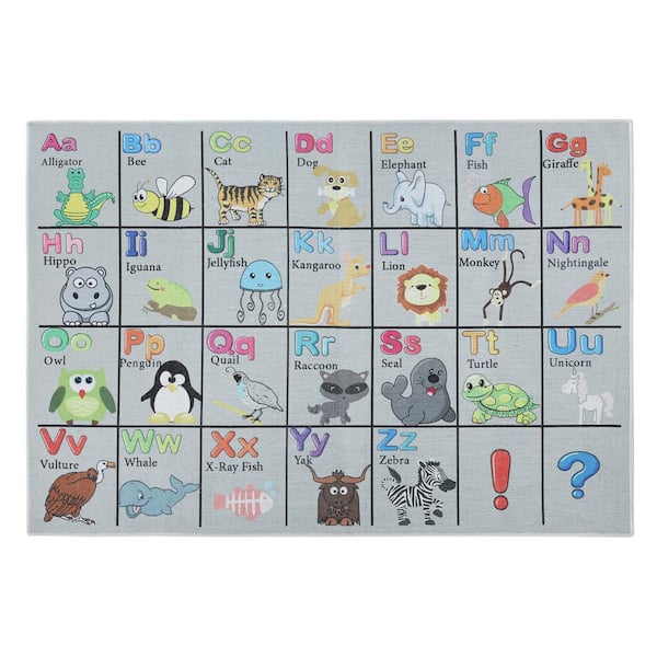 Cotton Washable ABC Educational Area Rug for Kids Room 39.5 in. x 59 in. ABC- Grey