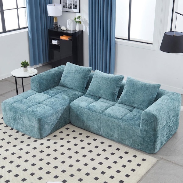 HOMEFUN 98 in. Square Arm 3-piece L Shaped Chenille Modular Deep Seat Sectional Sofa Couch in. Mint Blue with Chaise