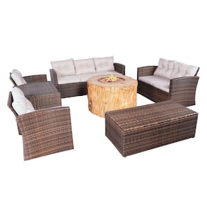 Lucinda 7-Piece Wicker Patio Conversation Set with Fire Pit and Beige Cushions