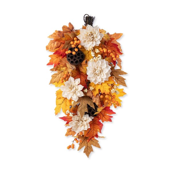 18 in. Fall Dahlia, Lotus Pod and Berry Swag Includes a Complimentary Black Metal Artificial Christmas Swag Hanger