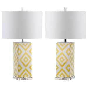 Diamonds 27 in. Yellow Diamond Ceramic Table Lamp with White Shade (Set of 2)