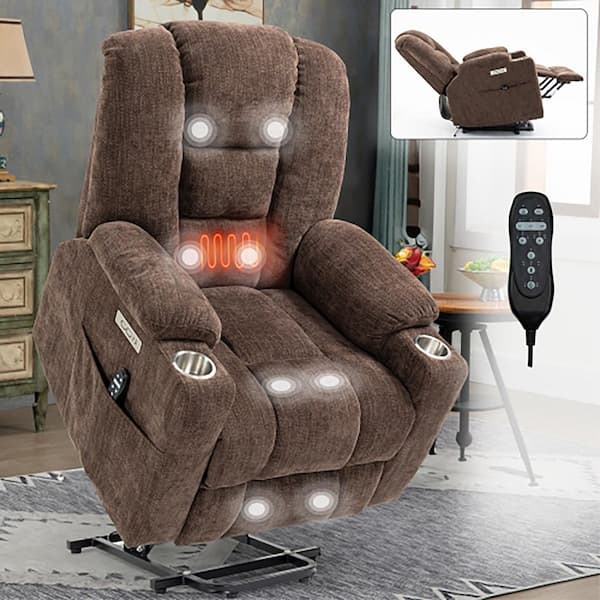 Brown Elderly Soft Chenille Fabric Power-Lift Recliner with 8-Point Vibration Massage and Lumbar Heating