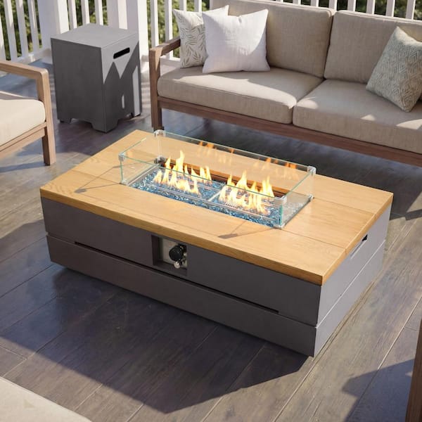 50-Inch Rectangular Concrete Propane Fire Pit Table with Tank Cover and Wind Guard,Dark Gray