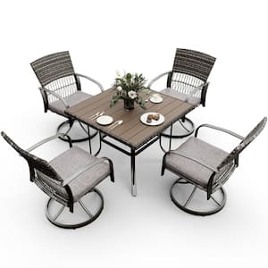 5-Piece Metal Patio Outdoor Dining Set with Square Table and Rattan Swivel Chairs with Gray Cushion