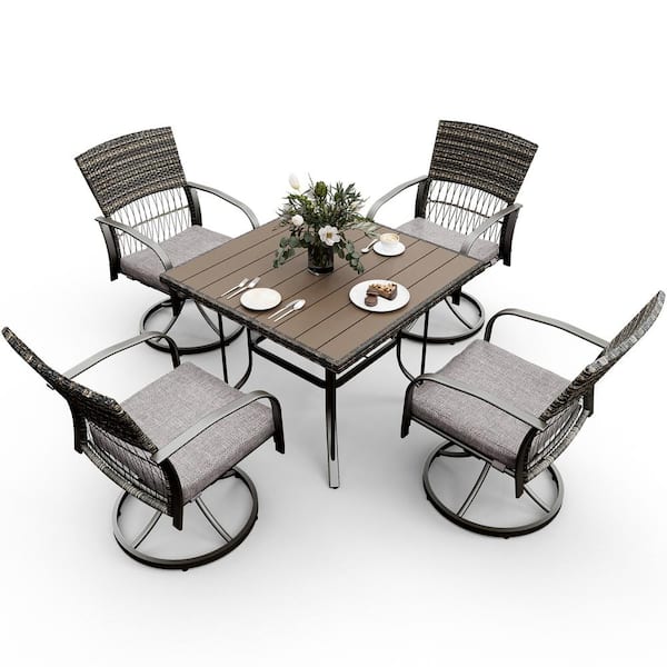 PamaPic 5-Piece Metal Patio Outdoor Dining Set with Square Table and Rattan Swivel Chairs with Gray Cushion