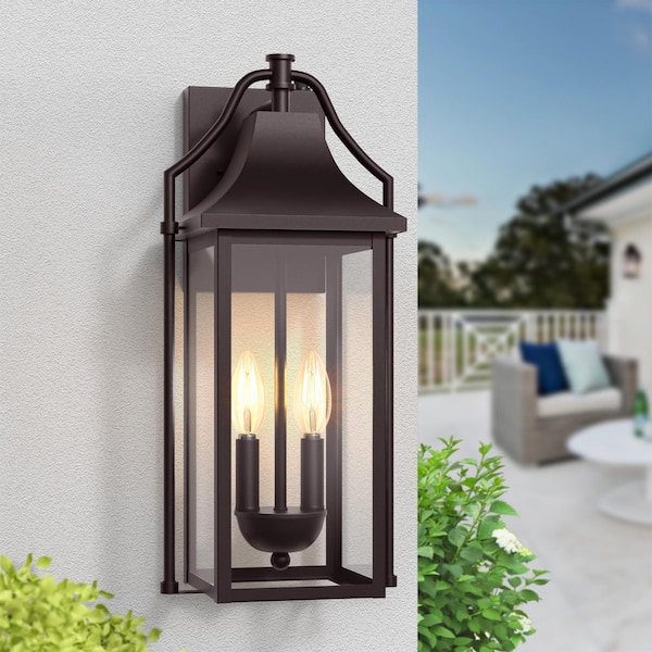 Hawaii 18 in. H 2-Bulb Oil-Rubbed Bronze Hardwired Outdoor Wall Lantern Sconce with Dusk to Dawn
