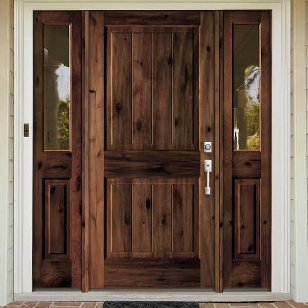 Krosswood Doors 64 in. x 80 in. Rustic Knotty Alder Square Clear Stain Wood V-Groove Left Hand Single Prehung Front Door/Half Sidelites