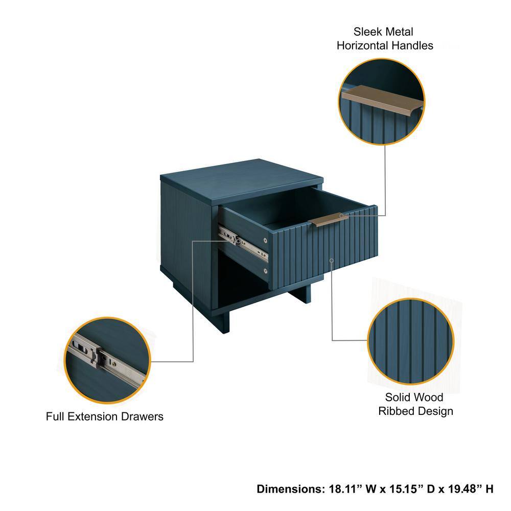Granville Midnight Blue Modern 1-Drawer Nightstand with Ribbed Detail