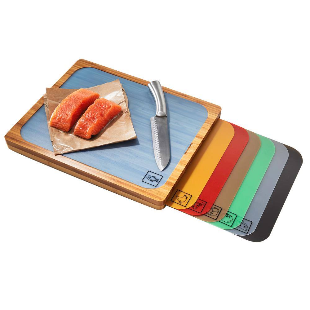 Bamboo Cutting Board with Color-Coded Flexible Mats Set