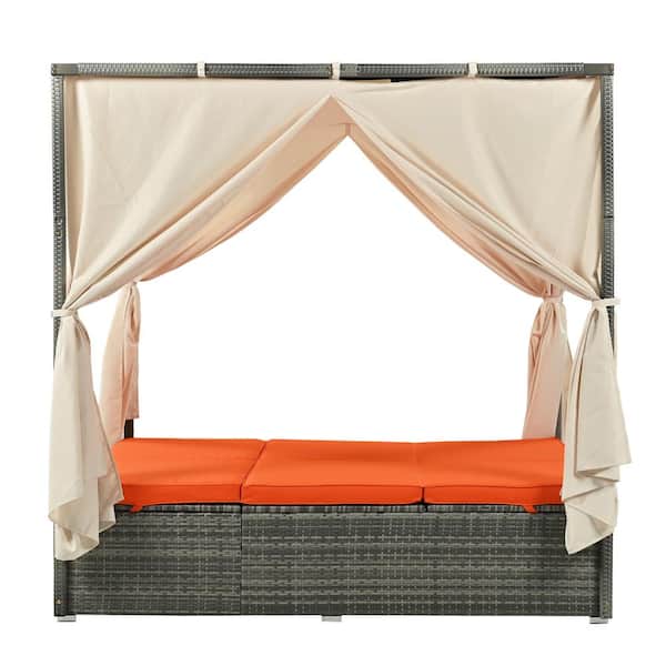 Zeus & Ruta 2-Person Gray Wicker Patio Outdoor Sunbed Day Bed with Orange Cushions and Curtains