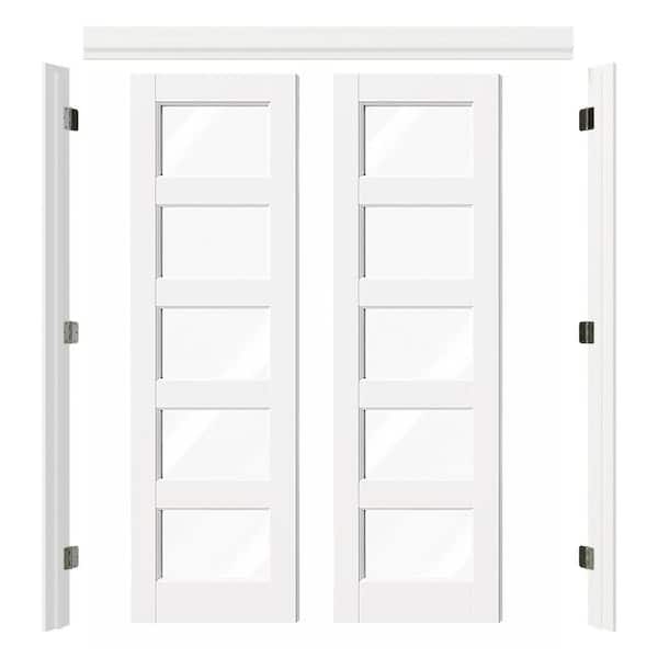 48 in. x 80 in. 5-Lite Clear Glass White Primed Pine Wood Universal Pre-hung French Door with Quick Assemble Jamb