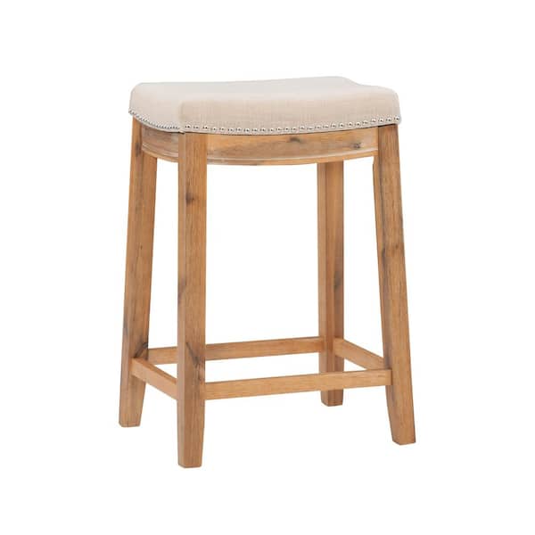 Linon Home Decor Concord 26.25 in. Brown Acacia Backless Wood Counter Stool with Natural Fabric Seat