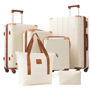 6-Piece White and Brown Expandable ABS Hardshell Spinner 16 in.20 in.24 in.28 Luggage Set with Duffel Bag Toiletry Bag