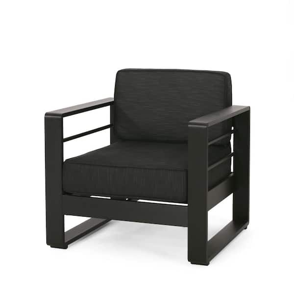 Noble House Perry Black Aluminum Outdoor Lounge Chair with Dark Gray Cushions
