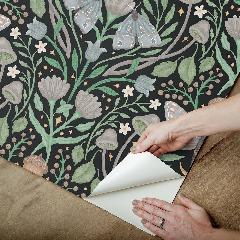 Black Damask Peel and Stick Wallpaper with Forest Design