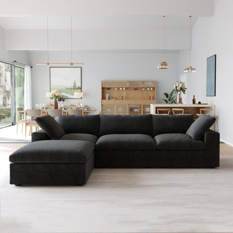 Magic Home 118 in. Square Arm 4-Piece Linen L-Shaped Sectional Sofa Cloud Couch in Black with Ottoman