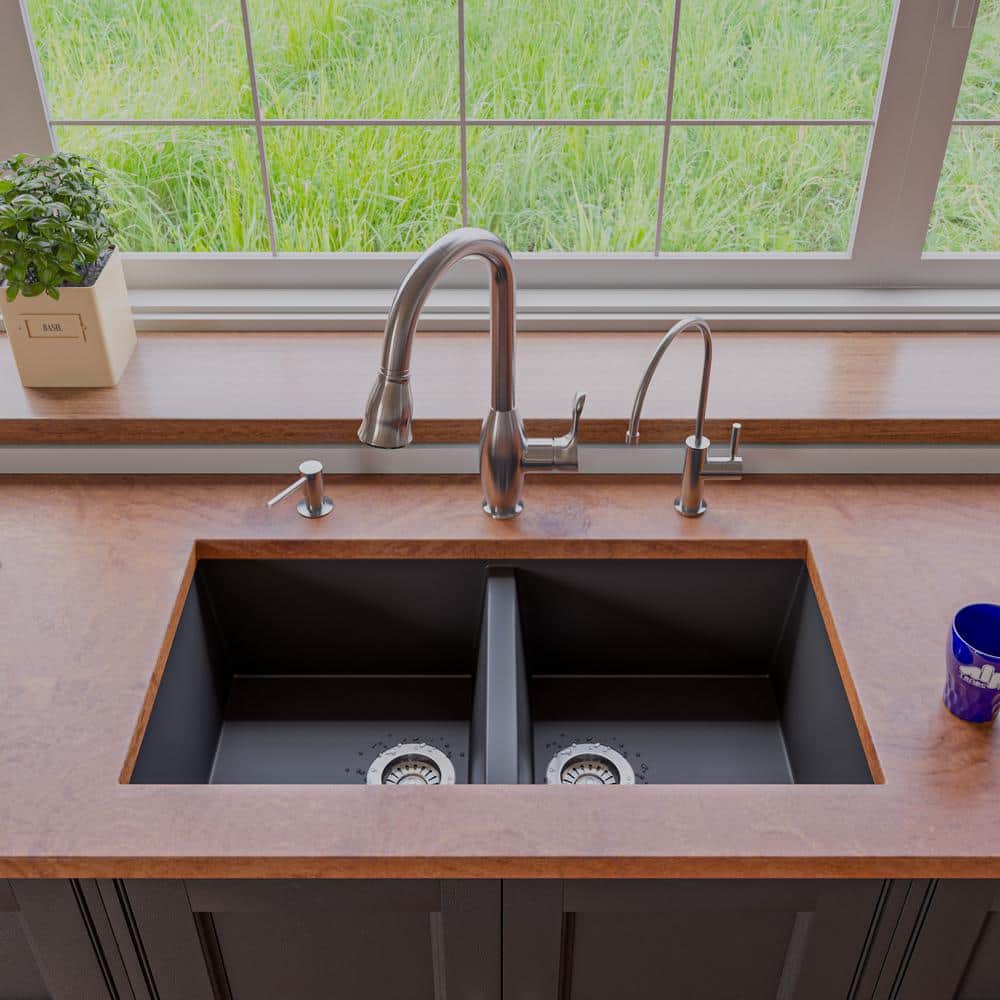 34'' Black Granite Double Bowl Drop-In Kitchen Sink