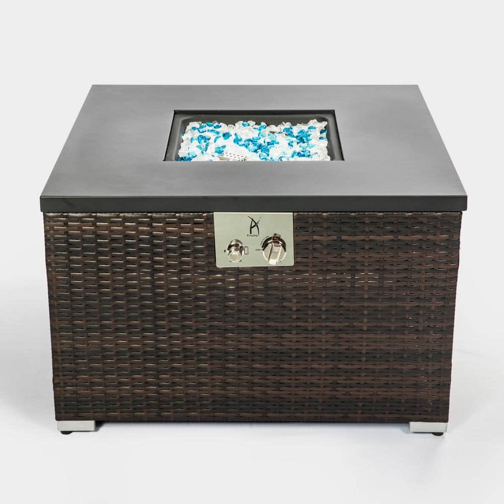 32 in. Dark Brown Outdoor Gas Wicker Fire Pit Table with Glass Rocks