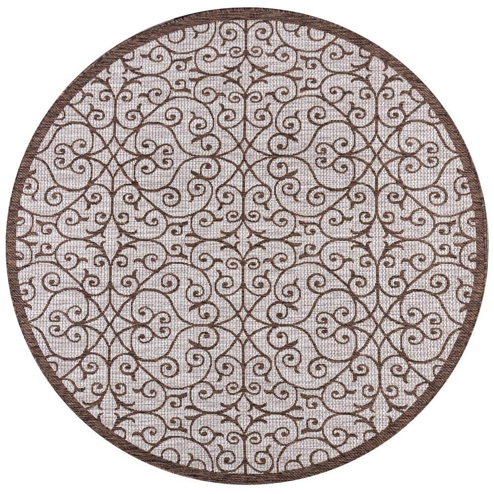 Boho-Chic Spanish Wrought Iron Inspired Taupe/Espresso 5' Round Indoor/Outdoor Rug