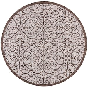 Madrid Vintage Filigree Taupe/Espresso 5 ft. Round Textured Weave Indoor/Outdoor Area Rug