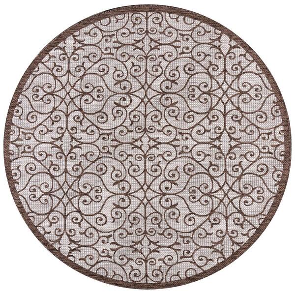 Madrid Vintage Filigree Taupe/Espresso 5 ft. Round Textured Weave Indoor/Outdoor Area Rug